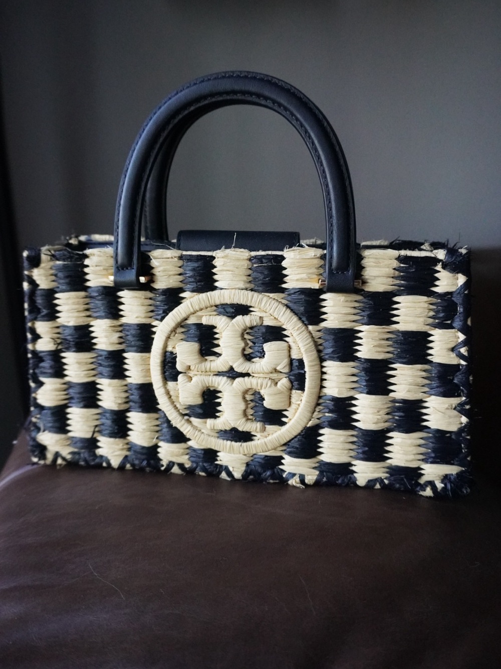 Tory Burch Black and Natural Woven Logo  Tote - Picture 5 of 8